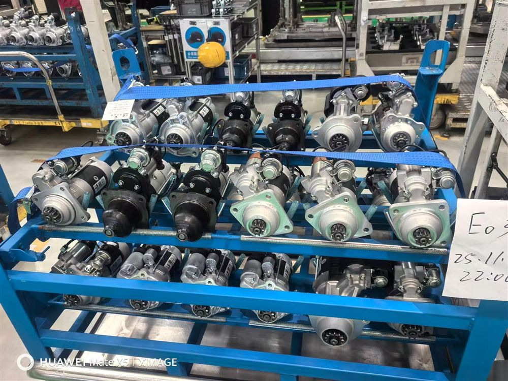 Diesel engine parts stored on warehouse racking
