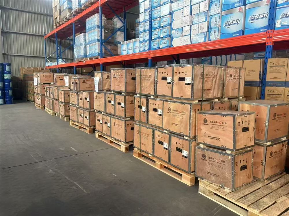 Boxed engine parts on warehouse racking
